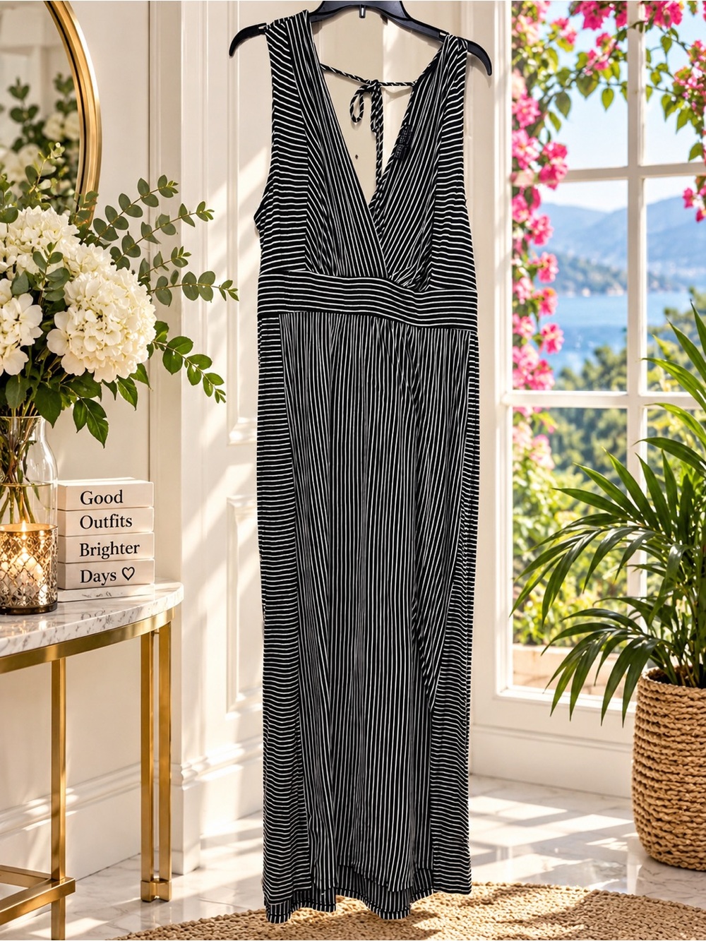 Forever 21 Black & White Striped V-Neck Maxi Dress